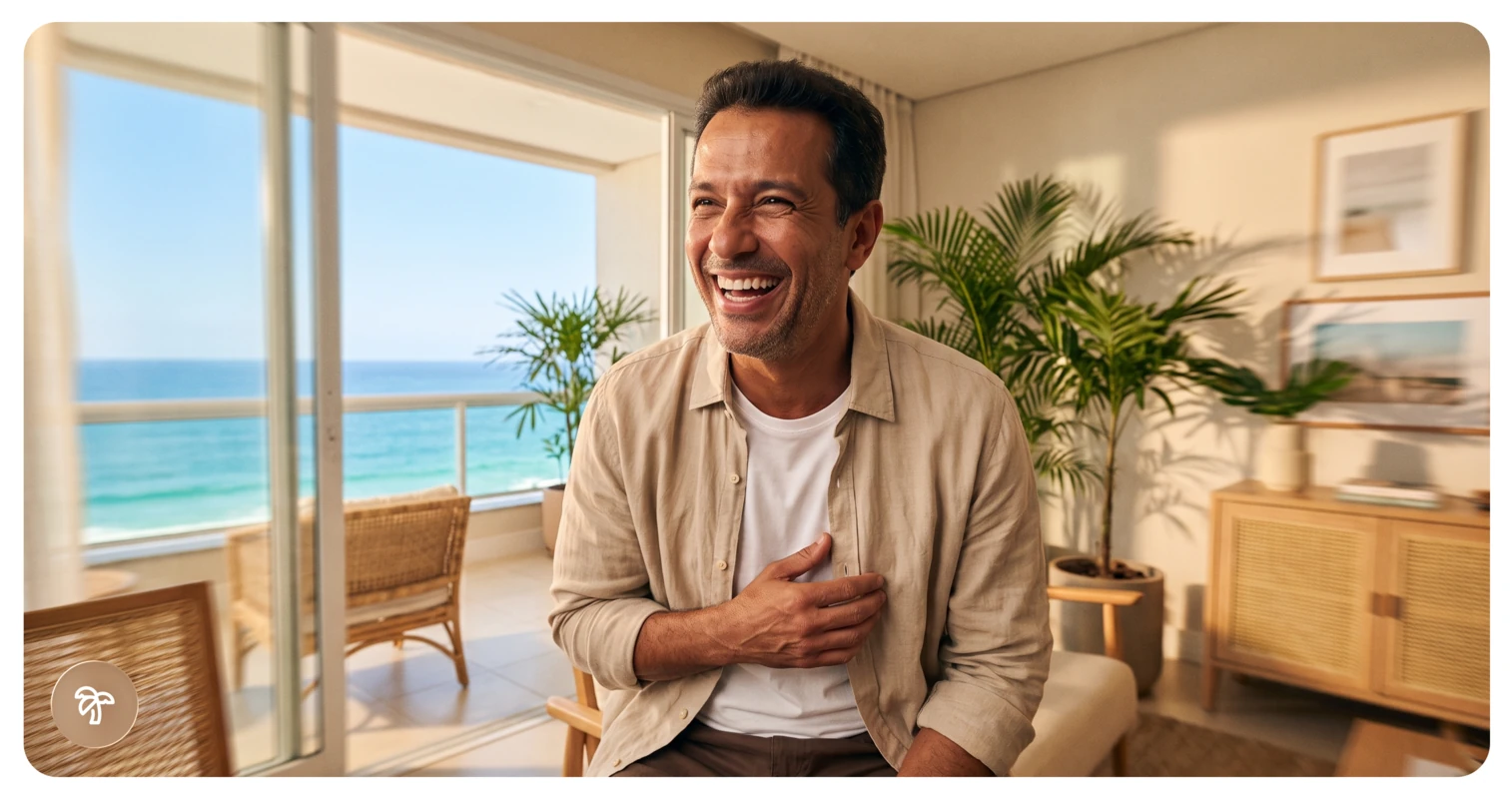 Homem sorridente em varanda com vista para o mar, decoração tropical.