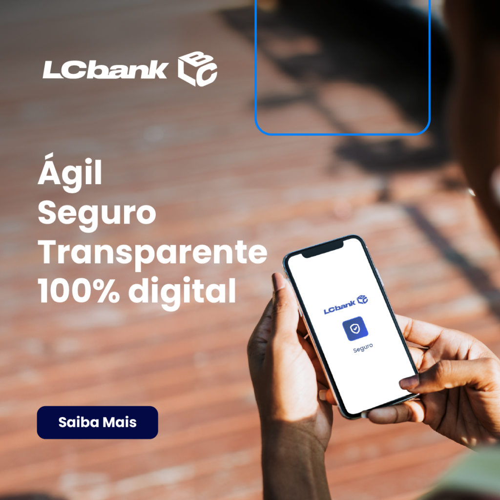 Logo LCbank e texto “Ágil Seguro Transparente 100% digital” em celular