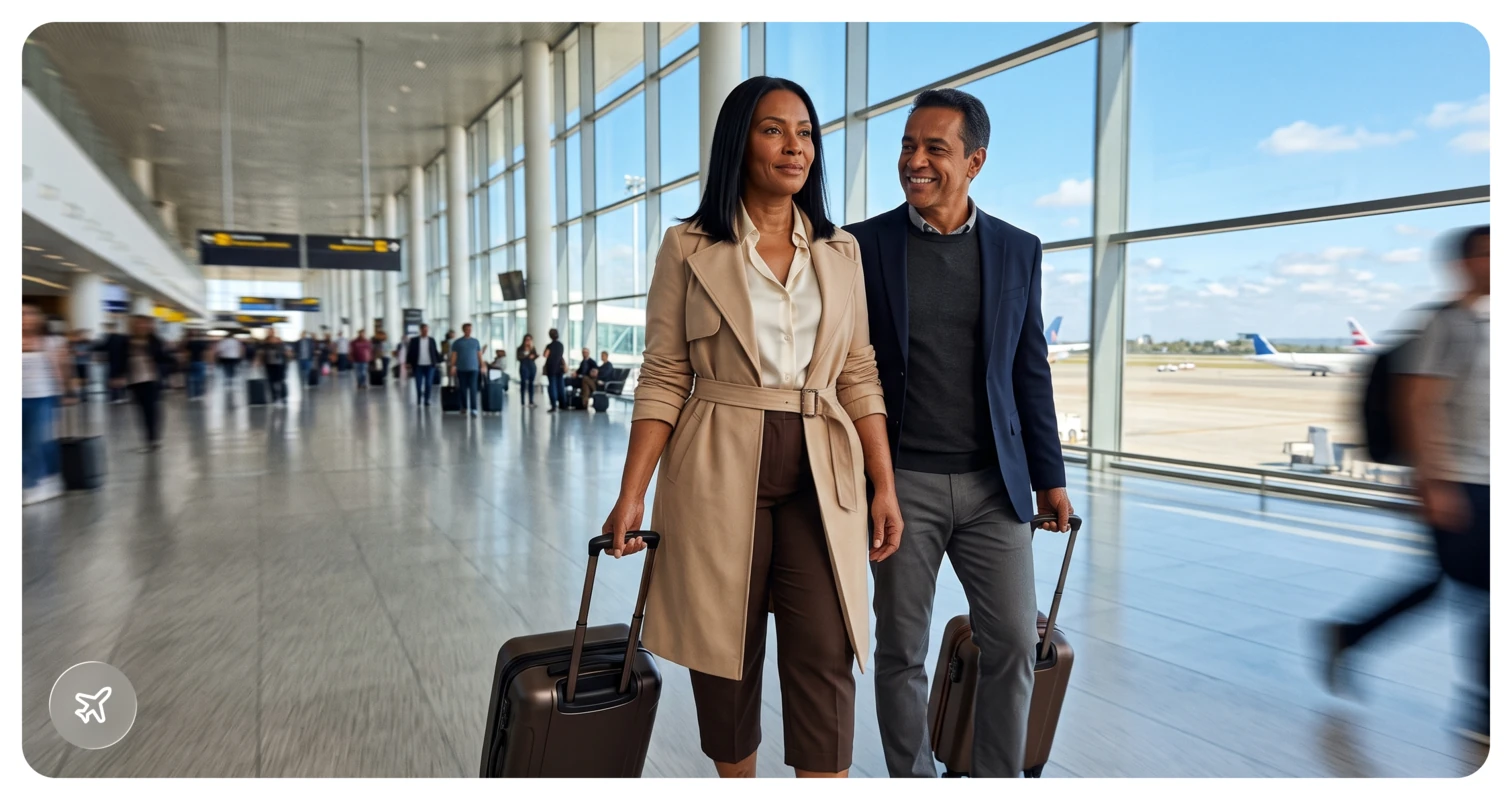 Casal sorridente com malas em aeroporto moderno